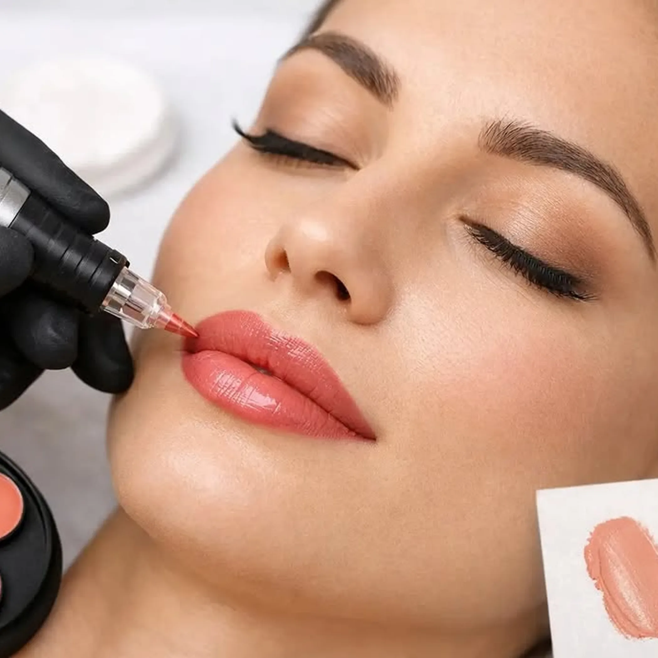 close-up of lip tattooing process